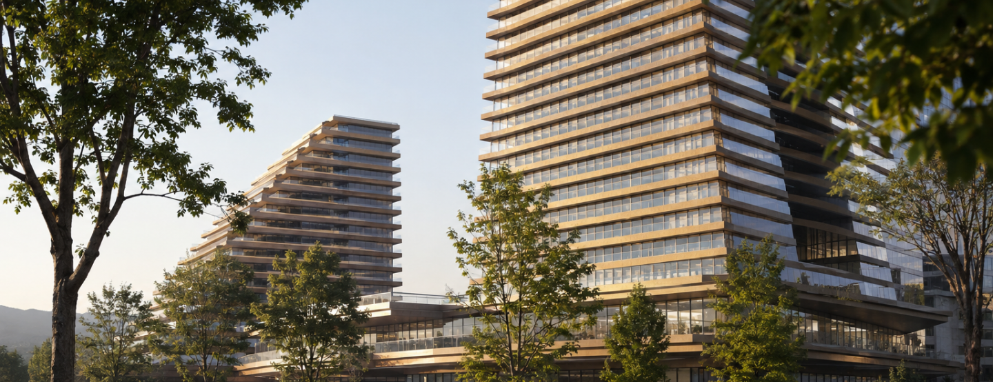 Modern buildings of the Alatau City project surrounded by trees