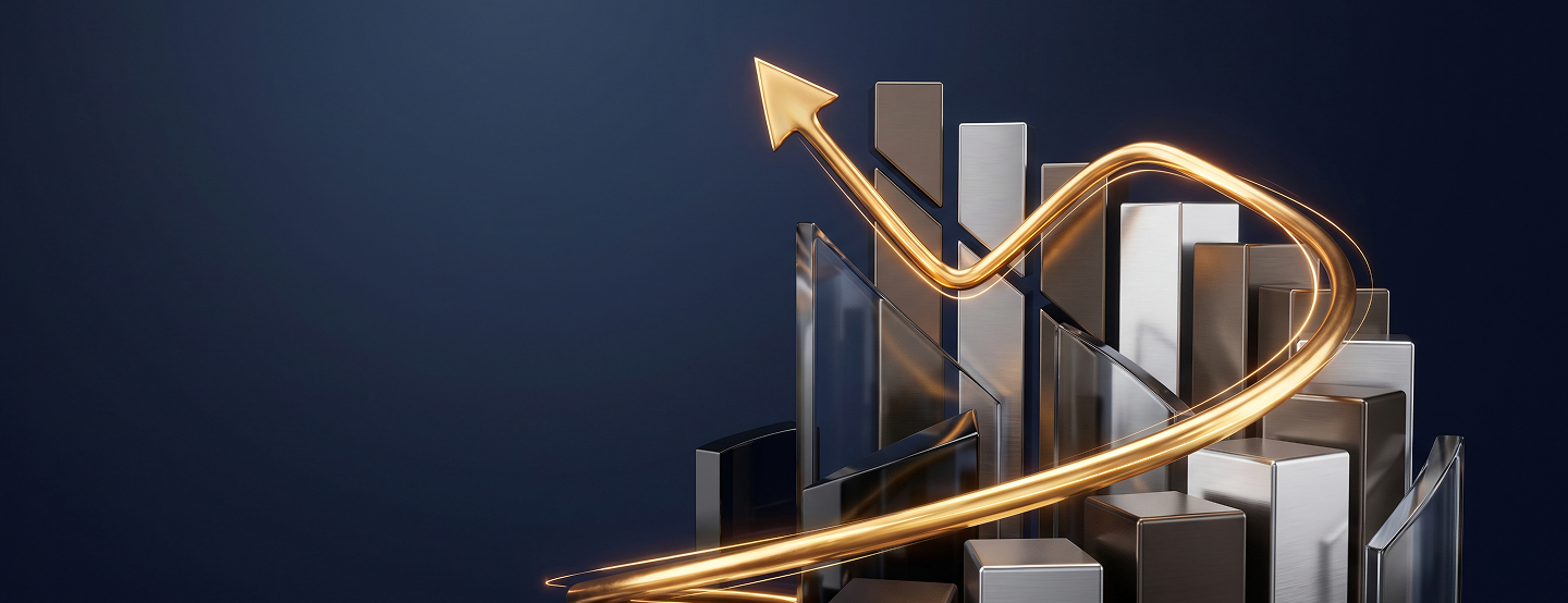 Financial bar chart with a rising golden arrow